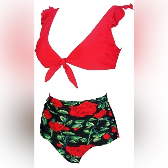 COCOSHIP Women's 14 Retro Floral High Waisted Bikini Tie Front Ruffle Swimsuit - Picture 2 of 5